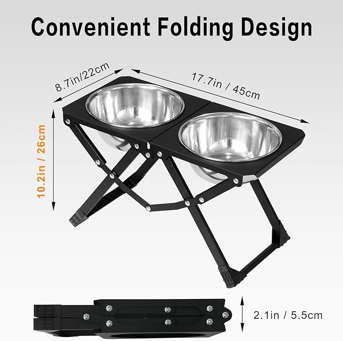 Foldable Elevated Dog Bowl Holder with 2 Large 58oz Stainless Steel Bowls, 10.2" Tall Raised Dog Bowl Stand for Medium/Large Breeds, Indoor and Outdoor Use