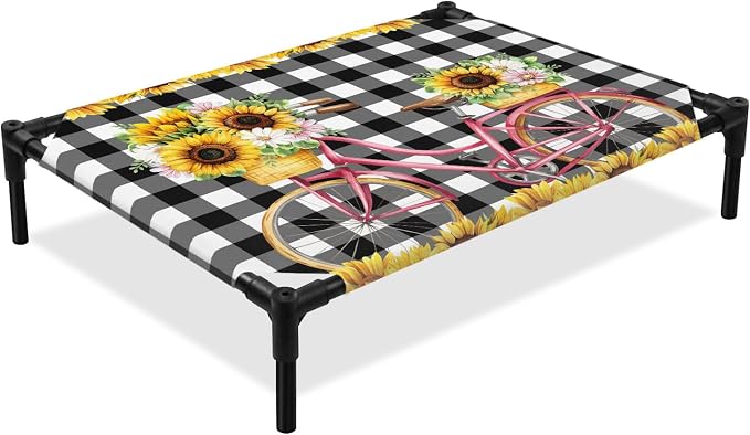 Outdoor Elevated Dog Bed for Large Dogs, Sunflowers Bicycle Breathable Cooling Raised Dog Cot for Indoor/Outdoor, Summer Budding Botanical Floral Lattice Waterproof Elevated Pet Beds, L 28 x 22 in