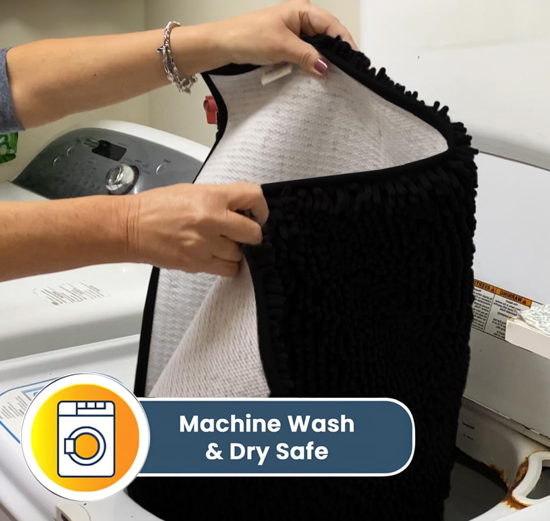 Muddy Mat® AS-SEEN-ON-TV Highly Absorbent Microfiber Door Mat and Pet Rug, Non Slip Thick Washable Area and Bath Mat Soft Chenille for Kitchen Bathroom Bedroom Indoor and Outdoor - Black 5ft x 7ft