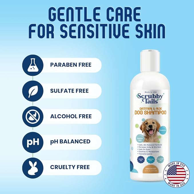 Scrubby Tails Organic Dog Shampoo - Puppy Oatmeal Shampoo for Itchy Skin Relief - Hypoallergenic for Sensitive Skin,for Dogs of All Ages,Deodorizes Smelly Dogs,Tearless,Made in USA, 16oz (Unscented)