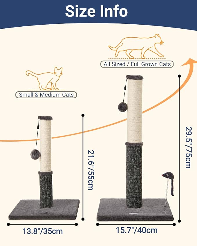 Happi N Pets Cat Scratching Post, Cat Scratcher for Indoor Cats, Sisal Scratching Post & Carpet Post in One, Stable Kitten Scratching Post with Replaceable Toy, Extra Free Toy, Smokey Gray