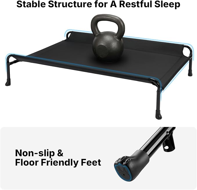 Veehoo Outdoor Dog Bed, Raised Dog Beds for Large Dogs, Elevated Dog Bed with Headrest, Washable Cooling Pet Cot with Non-Skid Feet, Breathable Pet Hammock for Indoor or Camping, 41", Black