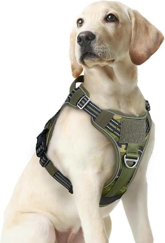 rabbitgoo Tactical Dog Harness Medium Sized, No Pull Service Pet Vest | Military Molle System & Easy Control Handle, Adjustable and Reflective for Walking and Training, Green Camo, Medium