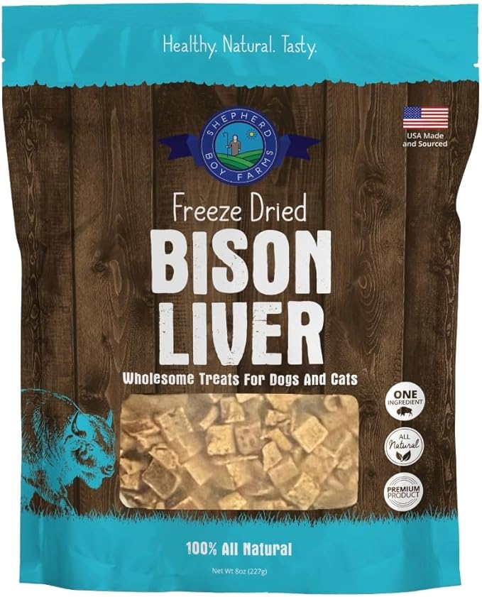 Shepherd Boy Farms Freeze Dried Dog and Cat Treats, Bison Liver, All Natural Freeze-Dried Dog Treat & Snacks, Made in USA, High in Protein, Essential Nutrition of Raw Food, 8oz