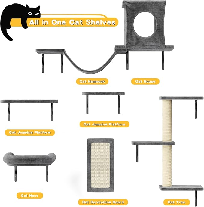 12-in-1 Cat Wall Shelves, Wall Mounted Cat Climber with Condo House, Scratching Post, Bridge Ladder, Space-Saving Indoor Play Furniture for Kittens, Dark Gray