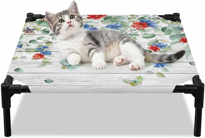Outdoor Elevated Dog Bed for Small Dogs, Independence Day Breathable Cooling Raised Dog Cot for Indoor/Outdoor, Eucalyptus Leaves Floral Wooden Plank Waterproof Elevated Pet Beds, S 20 x 20 in