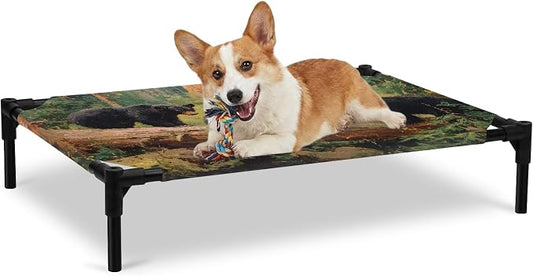 Outdoor Elevated Dog Bed for Large Dogs, Forest Bears Breathable Cooling Raised Dog Cot for Indoor/Outdoor, Nature Country Wild Animals Trees Branch Waterproof Elevated Pet Beds, L 28 x 22 in