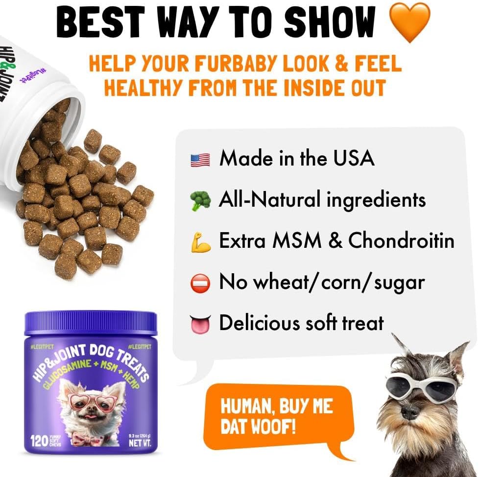 LEGITPET Hemp Hip & Joint Supplement for Dogs Soft Chews Made in USA Functional Glucosamine for Dogs Chondroitin MSM Turmeric Hemp Seed Oil Natural Pain Relief Mobility Advanced Joint 120 Treats
