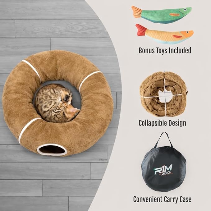 R1M Cat Tunnel Bed for Indoor Cats, Cute Cat Donut Tunnel Toys for Small, Larger Cats with Two Fish Cat Toys, Round Pet Peekaboo Cave Toy for Kitten, Brown (Brown)