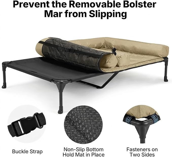 Veehoo Elevated Dog Bed for 2 Dogs, Cooling Raised Dog Bed with Bolster Mat | Outdoor Double Dog Bed with Removable Waterproof Cushion, Breathable Mesh, Non-Slip Feet for Outdoor & Indoor, 49", Beige