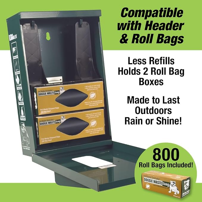 Dog Waste Station Dispenser Box - 800 FREE Dog Poop Bags - Made of Rustproof Aluminum - Pet Waste Bag Dispenser with Lock and Rainguard - For Commercial Use, Parks, Condos,HOA (Green)