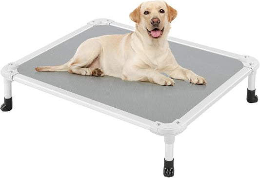 Veehoo Chew Proof Elevated Dog Bed, Cooling Raised Pet Cot, Silver Aluminum | Indestructible Dog Bed with Durable Textilene Mesh Fabric, No-Slip Feet for Indoor or Outdoor Use, 32", Medium, Grey