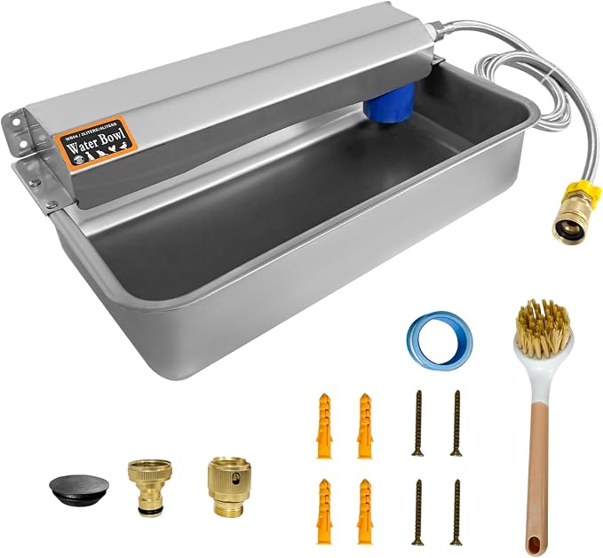 Automatic Water Dispenser for Dogs 2 Gallon/7.57L Stainless Steel Water Bowl Outdoor Dog Drinking Waterer Feeder Auto Fill Pet and Livestock Waterer Feeder Fits GHT 3/4" Faucet Wide Mouth