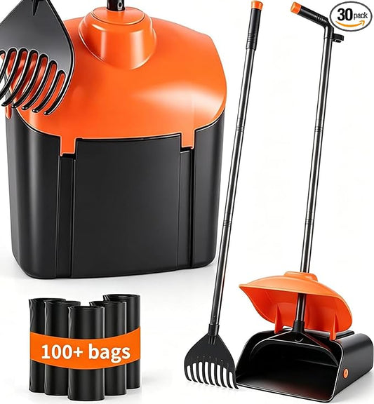 ienjoyed 40" Tall Dog Pooper Scooper with 100 Bags Attachment, Large Capacity Swivel Bin and Rake Metal Pole, Long Handle Pooper Scooper for Large Dogs, Dog Poop Scoop for Yard (Orange)