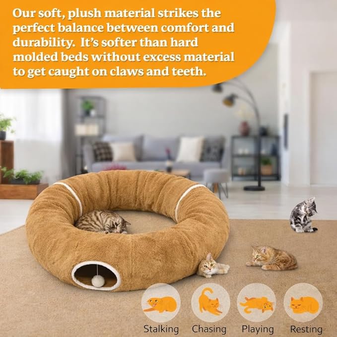 R1M Cat Tunnel Bed for Indoor Cats, Cute Cat Donut Tunnel Toys for Small, Larger Cats with Two Fish Cat Toys, Round Pet Peekaboo Cave Toy for Kitten, Brown (Brown)