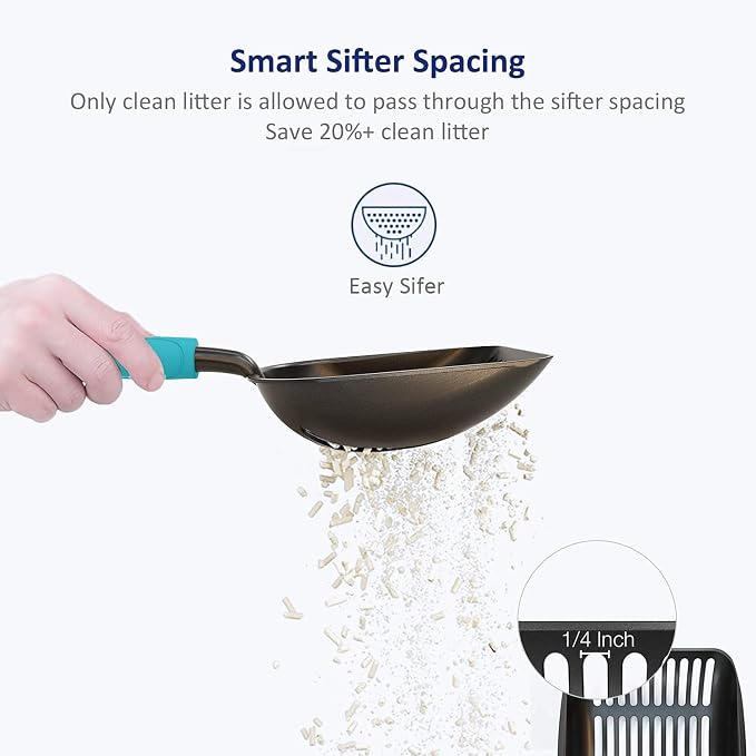 Cat Litter Scoop, Non-Stick Plated Aluminum Alloy Sifter, Kitty Durable Metal Scooper, Deep Shovel, Long Handle, Kitten Pooper Lifter, Size Large, Coated Black Body with Turkish Blue Handle