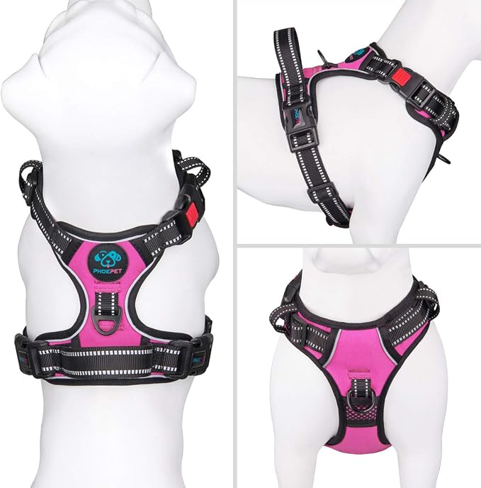 No Pull Dog Harnesses for Small Dogs Reflective Adjustable | Front Clip Vest with Handle 2 Metal Rings 3 Buckles [Easy to Put on & Take off](XS, Pink)