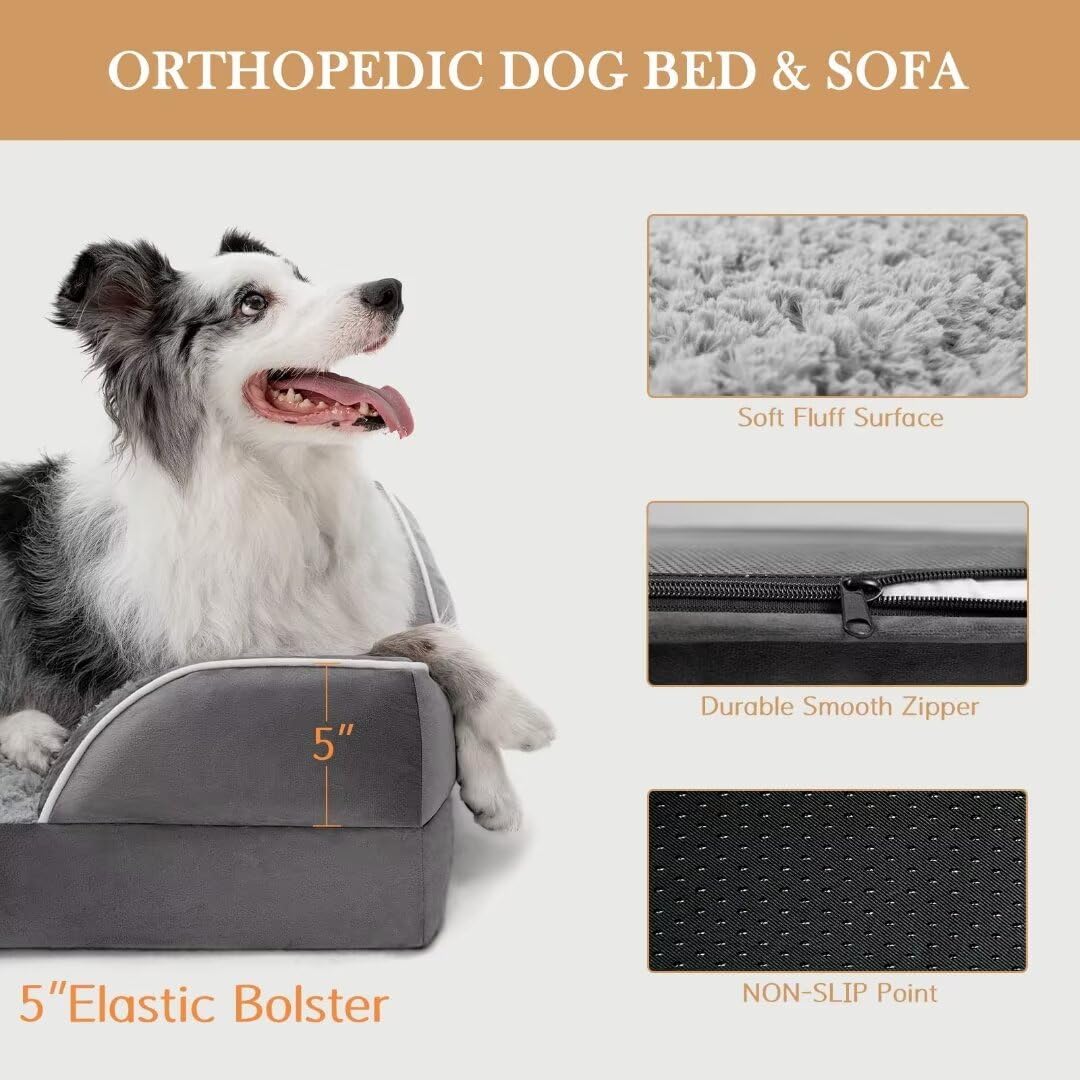 Comfort Expression Memory Foam Dog Beds, Orthopedic Dog Beds for Extra Large Dogs, Waterproof Dogs Beds Jumbo Breed, with Bolster & Removable Cover(Jumbo,Silver Grey)