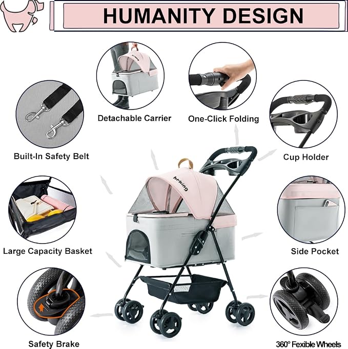 3-in-1 Pet Stroller for Small Dogs and Cats, Folding Lightweight Dog Stroller with Detachable Carrier Portable Cat Puppy Jogging Stroller with Cup Holder and Storage Basket, 4 Wheels