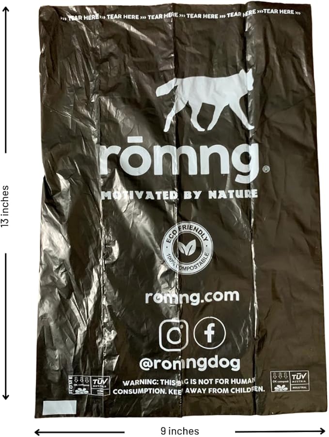 ROMNG Compostable Dog Poop Bags, Plant-Based, TUV Certified, Unscented, Leak-Proof, 18 Rolls, 270 Bags, Black