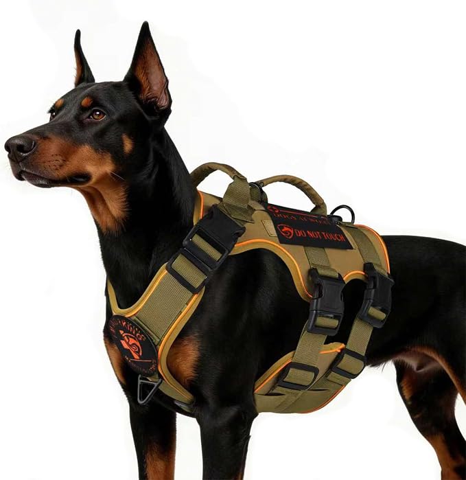 Reflective Tactical Dog Harness with AirTag Holder&3 Pet Patches, Khaki L | Heavy Duty No Pull Dog Harness, Adjustable Dog Harness, Two Handles, Breathable Mesh Padding, Resists Dirt and Stay Clean