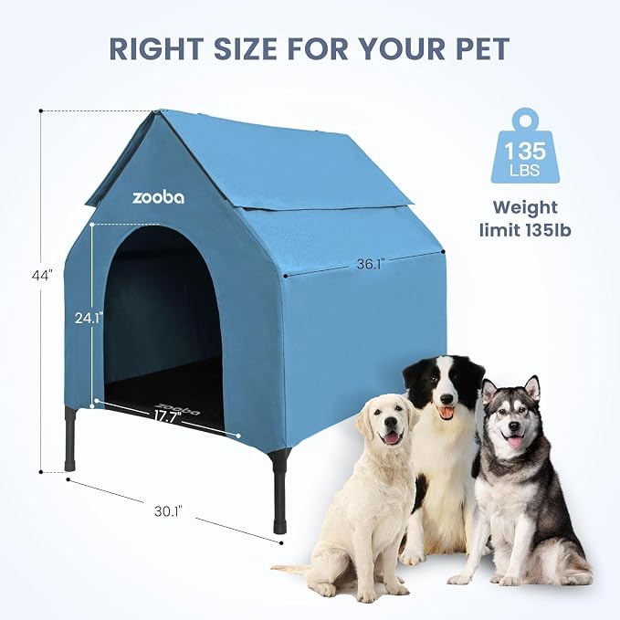 Zooba 36in Large Dog House Outdoor, Elevated Dog Bed with Canopy, Blue | Weather-resistant 600D PVC canopy, breathable 2x1 Textilene elevated bed, steel frame; indoor or outdoor; easy to clean