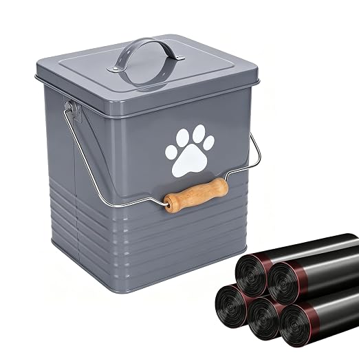 1.85Gal/7L Small Outdoor Trash Can with Lid, Metal Dog Poop Trash Can Outside, Dog Waste Container Bucket Handle(75 Trash Bags Included)-Gray