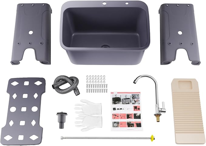 Freestanding Plastic Utility Sink with Hose Hook Up Gray | 110.23 lbs Load Capacity, 360° Swivel Faucet, Includes Washboard, Bottom Storage Board, Suitable for Garages and Gardens