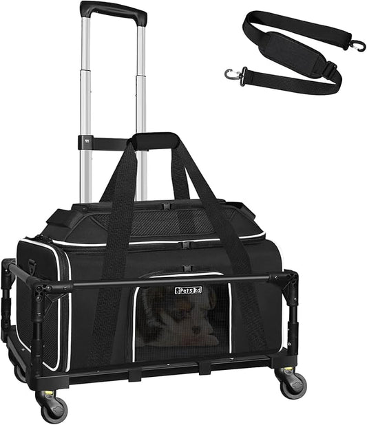Petskd Top-Expandable Small Pet Carrier with Wheels(18" L x 13" W x 9.5" H), Southwest Airlines Approved, Rolling Pet Carrier for Small Dogs & Cats (Black)