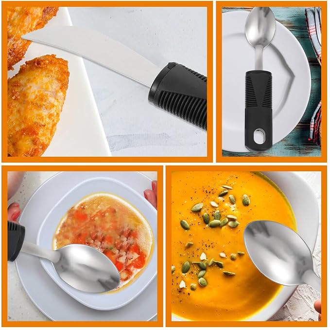 Anti-Shake Elderly Adaptive Utensils Set with Non-Slip Thick Handles Lightweight Stainless Steel Tableware for Hand Tremors Arthritis Patients 6-Piece