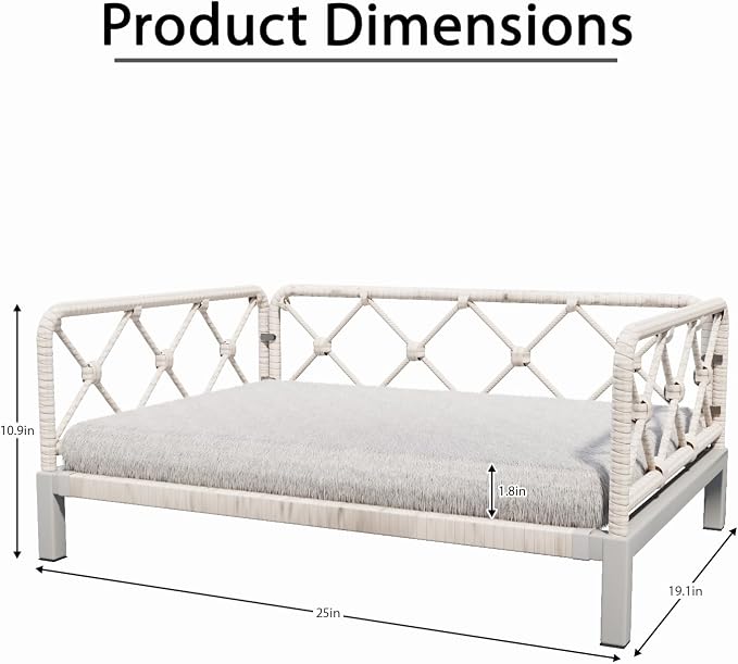 Indoor & Outdoor Dog Bed, Elevated All-Weather Wicker Pet Sofa with Washable Waterproof Cushion, Durable Rattan Dog Couch for Small Dogs, White Rattan/Grey Mat