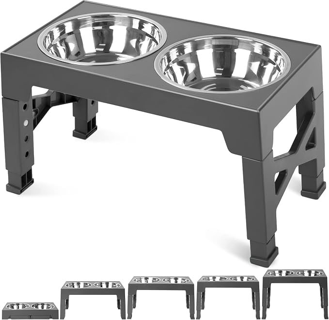 Elevated Dog Bowls with 2 Stainless Steel Dog Food Bowls, Raised Dog Bowl Adjusts to 5 Heights (3.15", 8.66", 9.84",11.02", 12.2") for Small Medium and Large Dogs