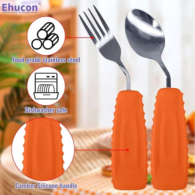 Adaptive Utensils Angled Spoon and Fork for Hand Tremors Parkinsons,Weighted Utensils with Non-Slip Easy Grip Handles for Independent Eating (1pcs Spoon+1pcs Fork=2 pcs,Orange,Right Hand)
