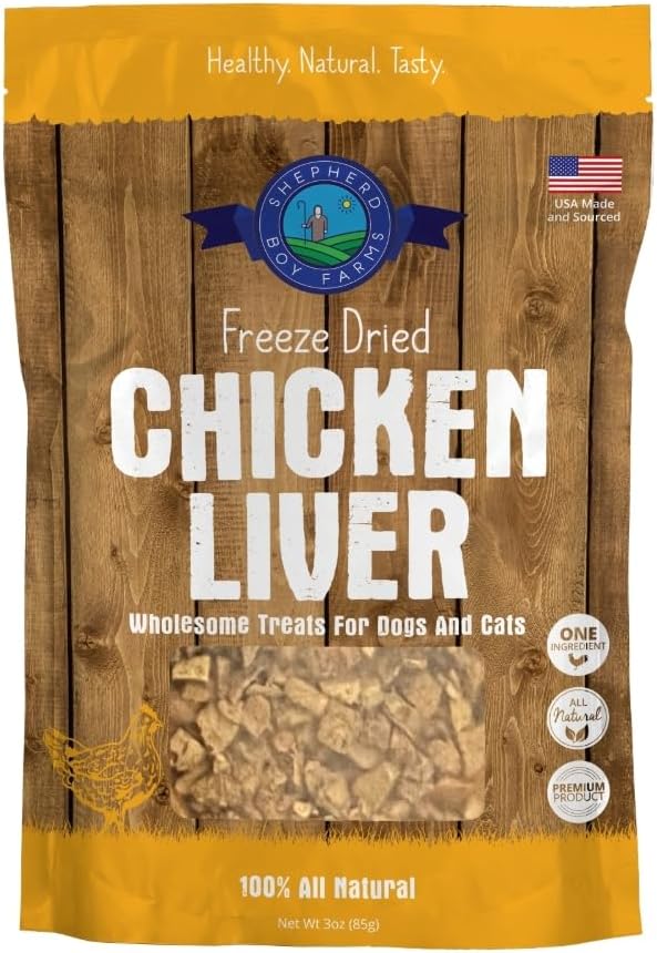 Shepherd Boy Farms Freeze Dried Dog and Cat Treats, Chicken Liver, All Natural Single Ingredient Freeze-Dried Dog Treat & Snacks, Made in USA, High Protein, Essential Nutrition Raw Food, 3oz