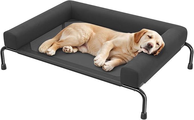 Ekisemio Elevated Dog Bed for Large Dogs, Cooling Raised Pet Cot with Breathable Mesh and Bolsters, Removable & Waterproof Outdoor Indoor Dog Bed, 47.75" x 31", Black