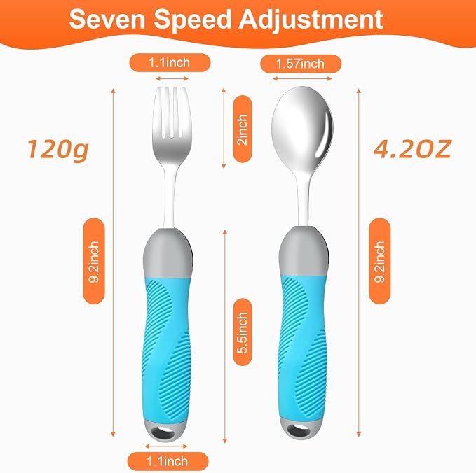 Weighted Utensils for Tremors & Parkinson's, Adaptive Eating Aids (Blue) | Adaptive silverware for shaky hands. Weighted grip design reduces tremors. Bendable neck for custom angle. Dishwasher safe