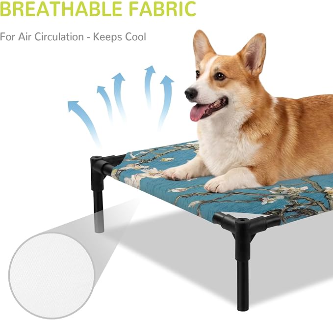 Outdoor Elevated Dog Bed for Large Dogs, Flowers Branches Breathable Cooling Raised Dog Cot for Indoor/Outdoor, Farmhouse Turquoise Sky Moon Tree Waterproof Elevated Pet Beds, L 28 x 22 in