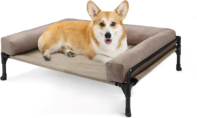 Veehoo Outdoor Elevated Dog Bed-Cooling Raised Dog Cot for Medium Sized Dog | Three-Sided Fence Raised Pet Cot with Mesh & No-Slip Feet Dog Hammock Bed with Removable Bolster-29" x 18" Beige