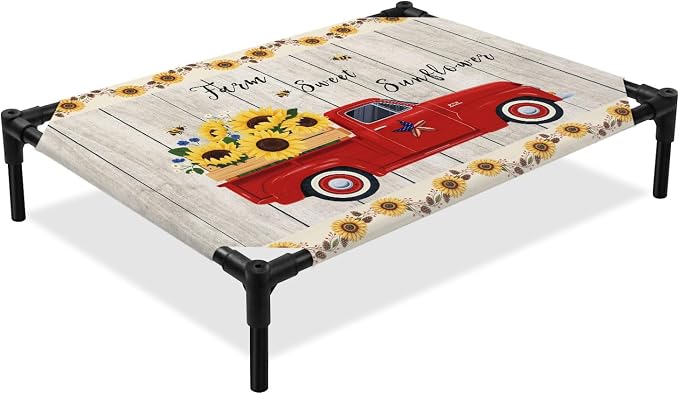 Outdoor Elevated Dog Bed for Large Dogs, Sunflowers Breathable Cooling Raised Dog Cot for Indoor/Outdoor, Country Botanical Bees Red Truck Wooden Plank Waterproof Elevated Pet Beds, L 28 x 22 in