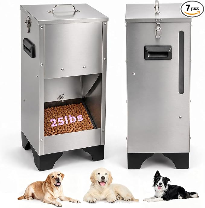 Automatic Dog Feeder Large Breed Outdoor Kennel,Elevated Dog Food Dispenser | 25lbs Gravity Dog Food Station, Stainless Steel, Elevated 3.1" Design, Viewing Window & Dual Lock Secure Prevent Overeating