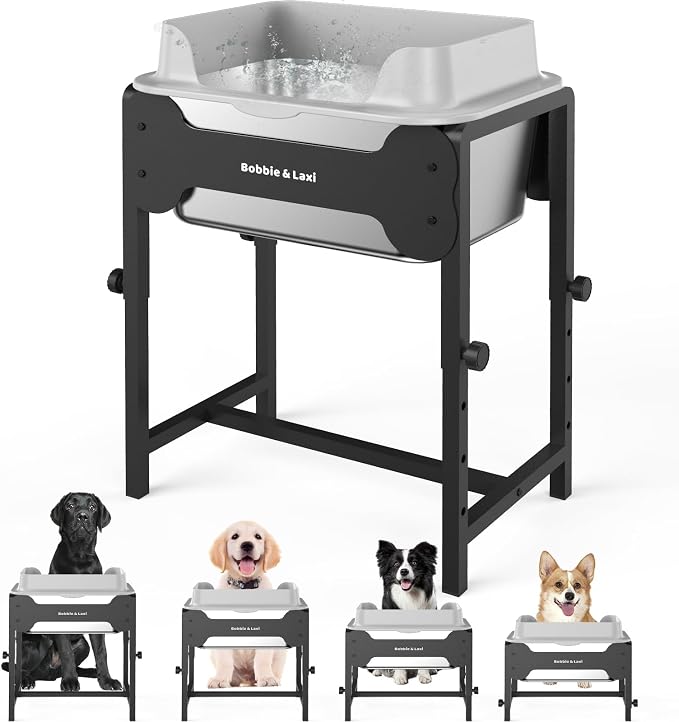Bobbie & Laxi Adjustable Elevated Dog Bowl, 2.5 Gal Splash Guard, 4 Heights | 4 Adjustable Heights, Built-In Splash Guard; Non-Slip Stainless Steel for Large & Medium Dogs