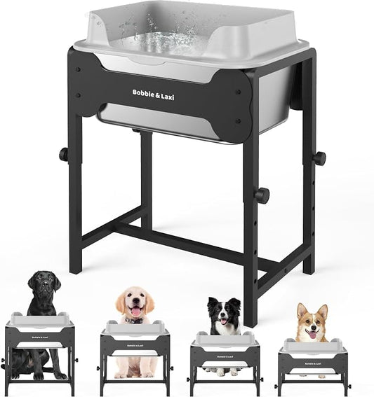 Bobbie & Laxi Adjustable Elevated Dog Bowl, 2.5 Gal Splash Guard, 4 Heights | 4 Adjustable Heights, Built-In Splash Guard; Non-Slip Stainless Steel for Large & Medium Dogs