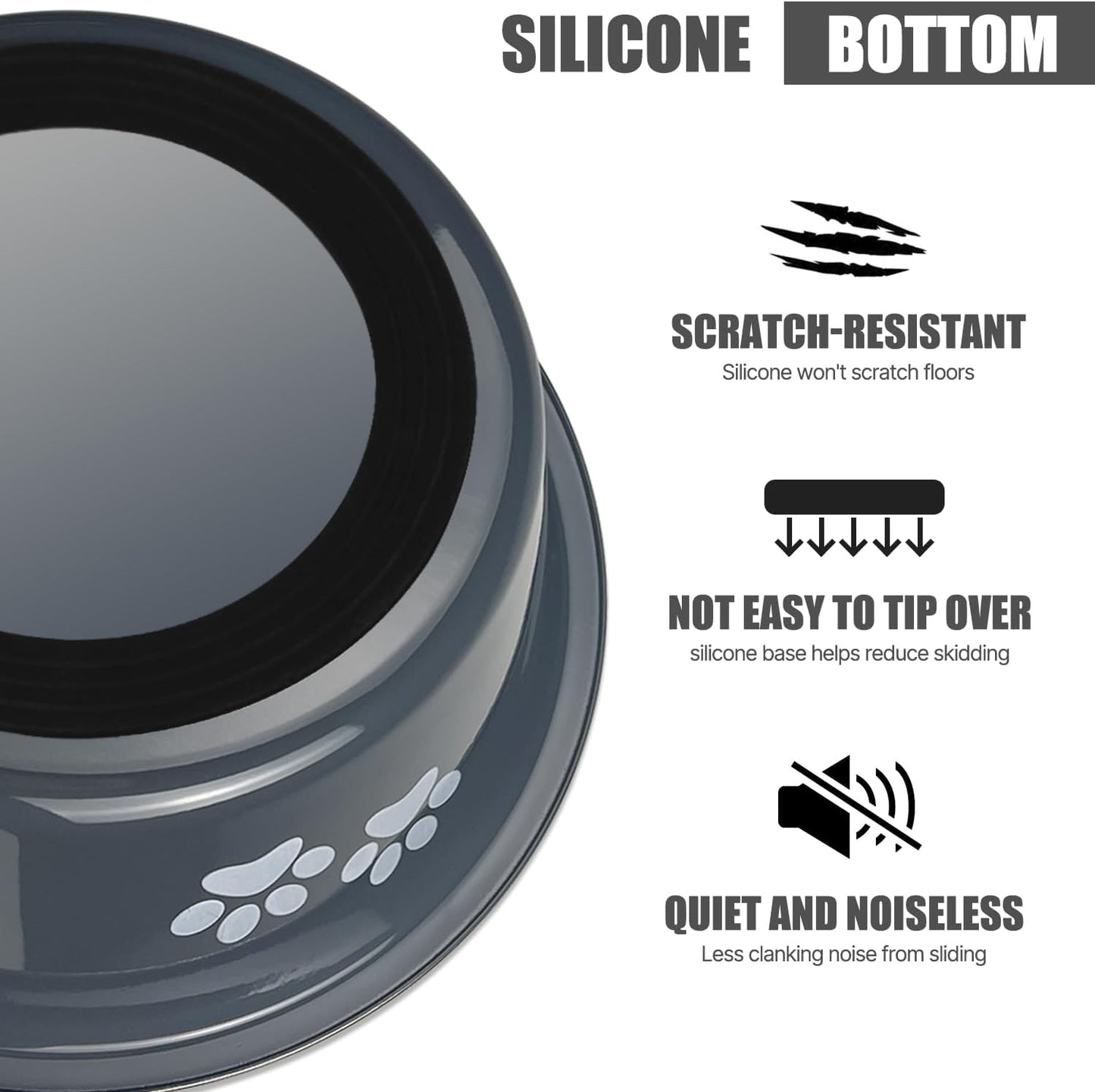 Stainless Steel Dog Bowls, Nonslip Rubber Bottom No Spill Proof Skid Metal Insulated Dog Bowls for Large Medium Small Breed Dogs (Grey, 8.5 Cups/71 OZ)