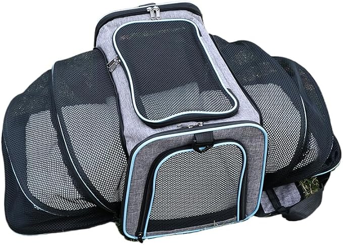 Airline Approved Expandable Pet Carrier for Cats & Small Dogs up to 6kg - Foldable, 3-Way Carry for Airplane & Outdoor (Grayish Blue,Medium)