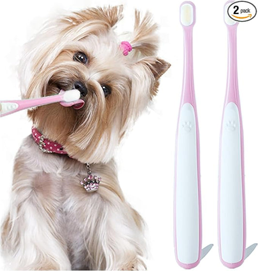 MoonyMars Small Dog Toothbrush, Cat & Puppy Tooth Brushing Kit, Ultra Soft & Mini Head Teeth Brush for Kitten & Tiny Pet, Doggy Toothbrushes Deep Dental Cleaning, 2 PCS - Pink