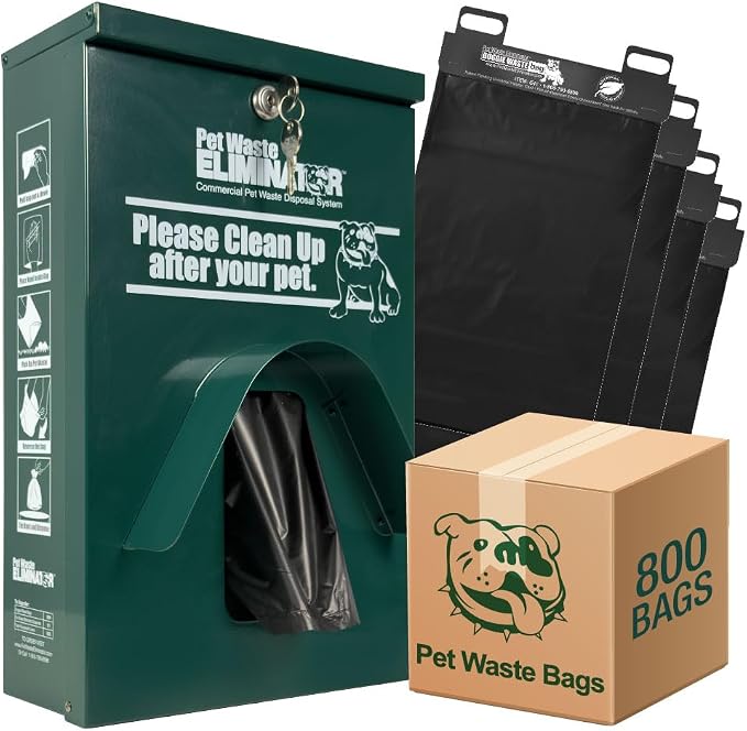 Dog Waste Station Dispenser Box - 800 FREE Dog Poop Bags- Made of Rustproof Aluminum - Pet Waste Bag Dispenser with Lock and Rainguard - For Commercial Use, Parks, Condos, HOA (Green)
