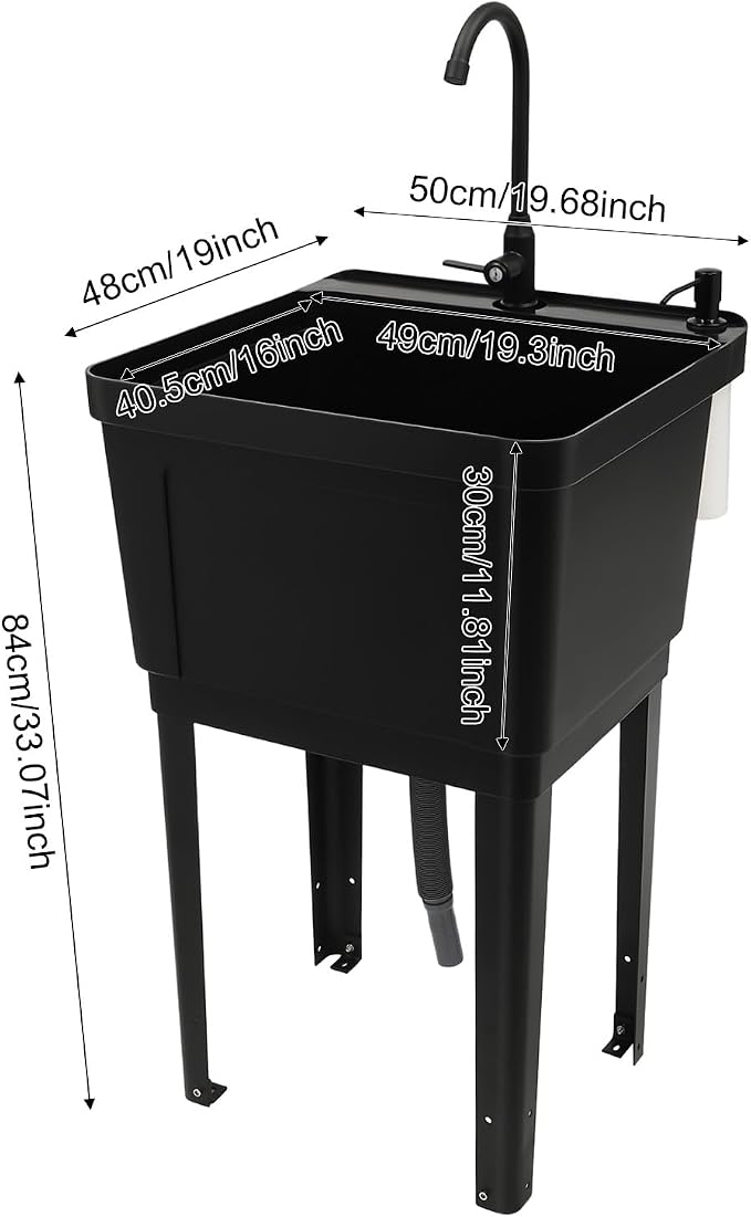 Tall Freestanding Plastic Utility Sink with Rotatable Faucet Black | Equipped with Hose Hook Up, Built-In Soap Box and Soap Dispenser, Four Iron Support Feet, Suitable for Laundry and Pet Bath