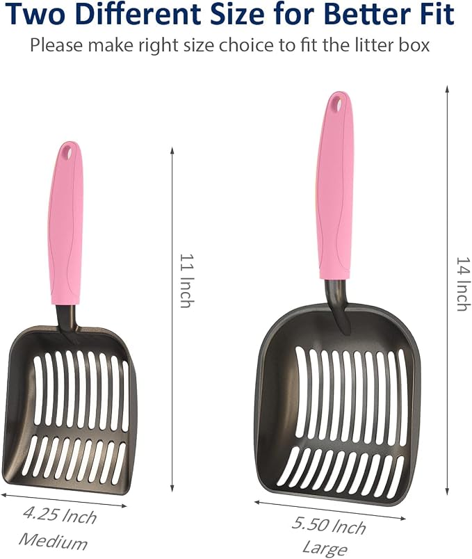 Cat Litter Scoop, Non-Stick Plated Aluminum Alloy Sifter, Kitty Durable Metal Scooper, Deep Shovel, Long Handle, Kitten Pooper Lifter, Size Medium, Coated Black Body with Pink Handle