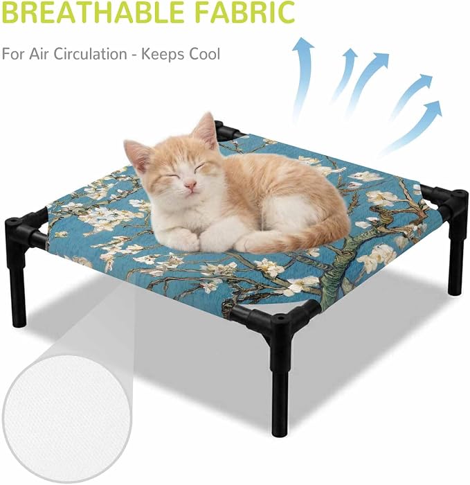 Outdoor Elevated Dog Bed for Small Dogs, Flowers Branches Breathable Cooling Raised Dog Cot for Indoor/Outdoor, Farmhouse Turquoise Sky Moon Tree Waterproof Elevated Pet Beds, S 20 x 20 in