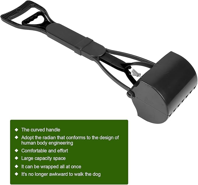 Pet Pooper Scooper, Long Handle Jaw Poop Pick Up Tool for Dogs Cats, 23.7in Heavy Duty Plastic Waste Cleaner with Foldable Design (Black)